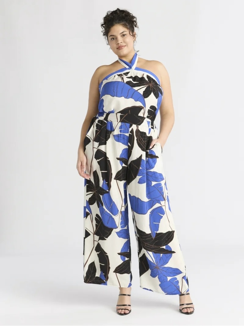 sofia by sofia vergara Blue & Cream Floral Halter Wide-Leg Jumpsuit
